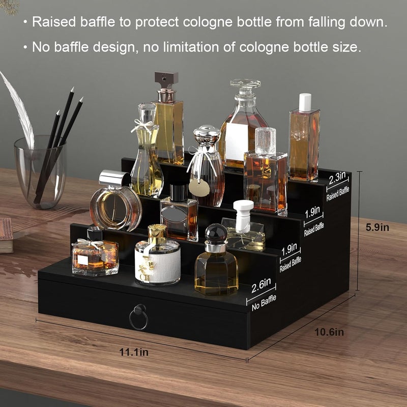 upcessory Cologne Organizer for Men, 4 Tier Black Wood Perfume Organizer with Felt Lining Drawer and Hidden Compartment, Perfume Display Holder, A Gift for Men - Image 5